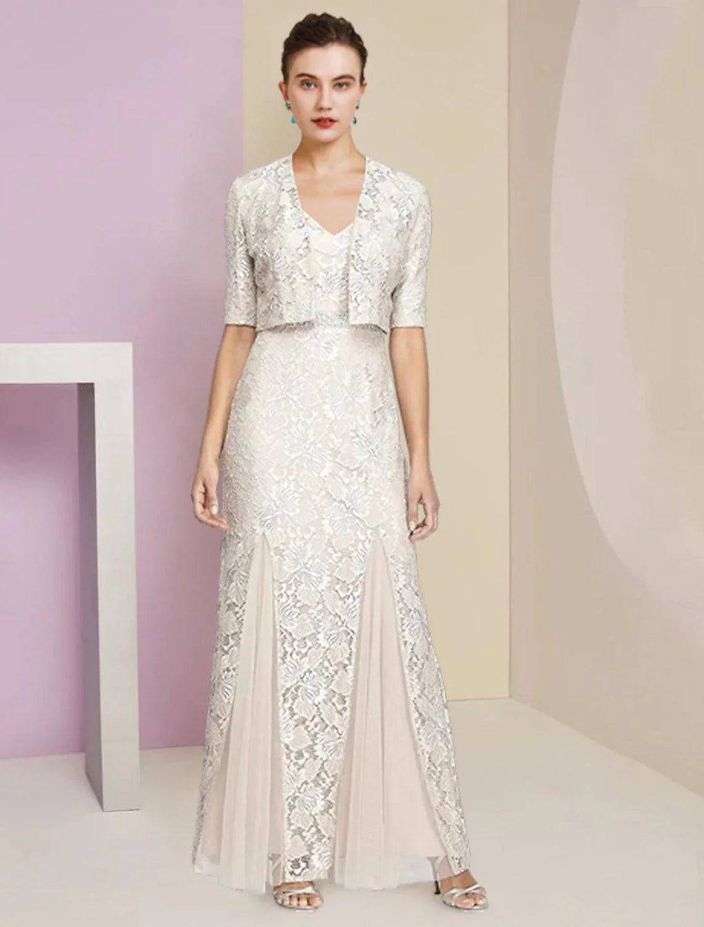 Vestido de mãe da noiva em duas peças, corte A, formal, para casamento, elegante, inverno, com casaco, manga curta, decote em V, comprimento até ao tornozelo, chiffon, renda, pregas, aplicações