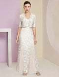 Abito Due Pezzi A-Line per la Madre della Sposa, Cerimonia Formale, Invitato al Matrimonio, Elegante Invernale con Giacca, Mezza Manica, Scollo a V, Lunghezza Caviglia, Chiffon, Pizzo, Piega Sottile, Appliques