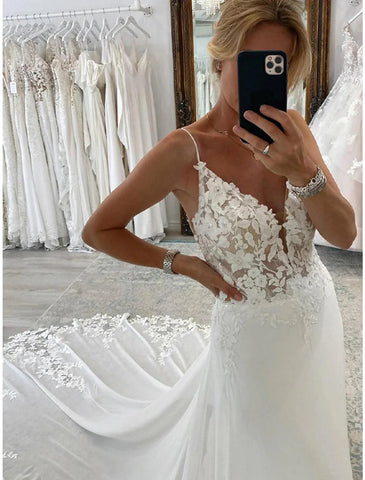 Vestidos de noiva formais para recepção, corte A, camisola, sem mangas, cauda longa, chiffon, vestidos de noiva com aplicações