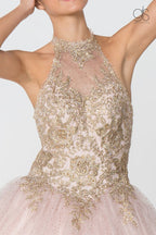 Gold Applique Halter Ball Gown with Glitter Skirt by Elizabeth K GL2805