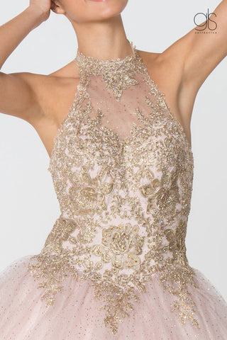 Ballkleid mit Neckholder und goldener Applikation und Glitzerrock von Elizabeth K GL2805