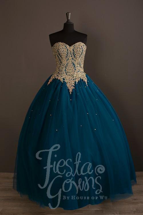 Gold Lace Applique Quinceanera Dress by Fiesta Gowns 56341