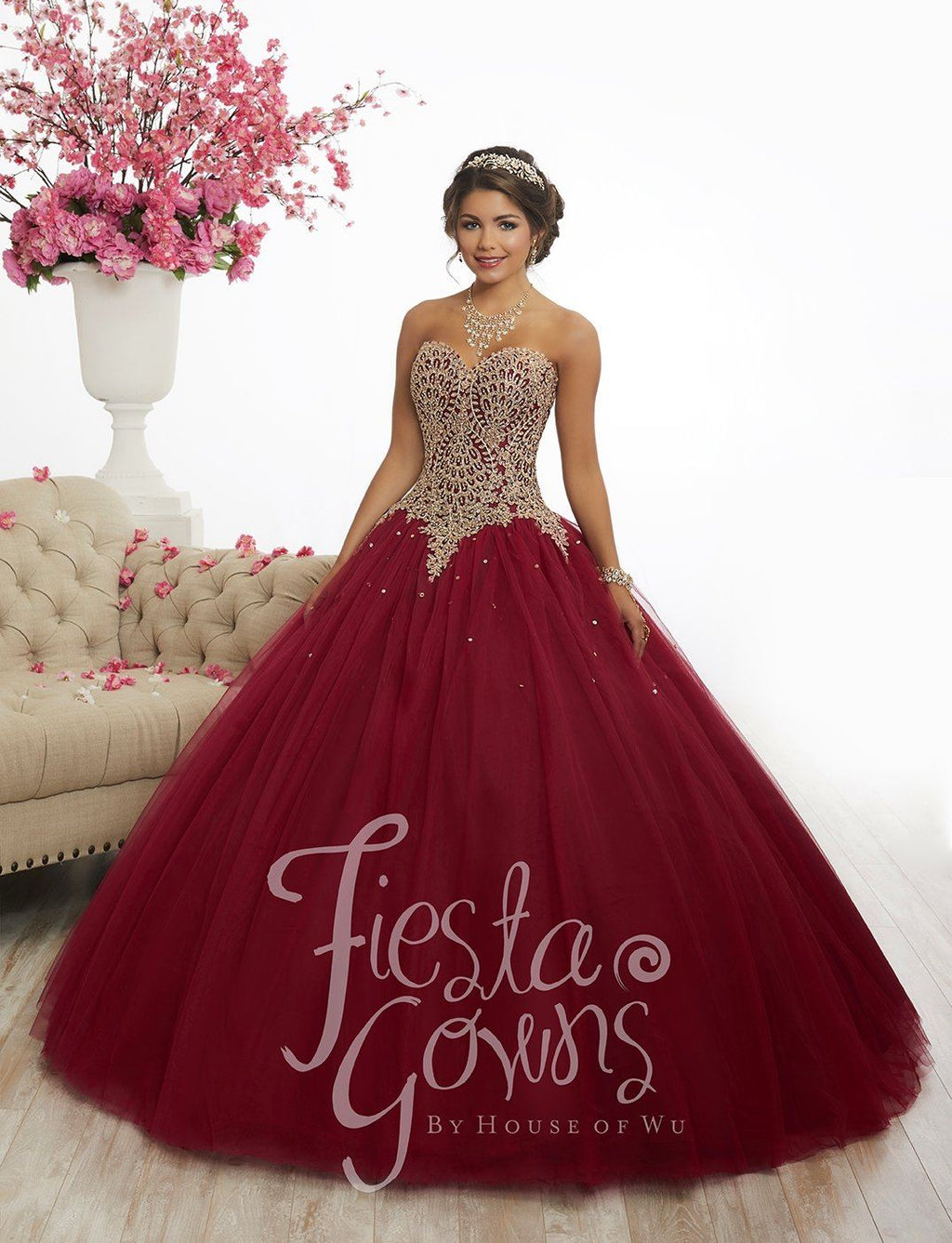 Gold Lace Applique Quinceanera Dress by Fiesta Gowns 56341