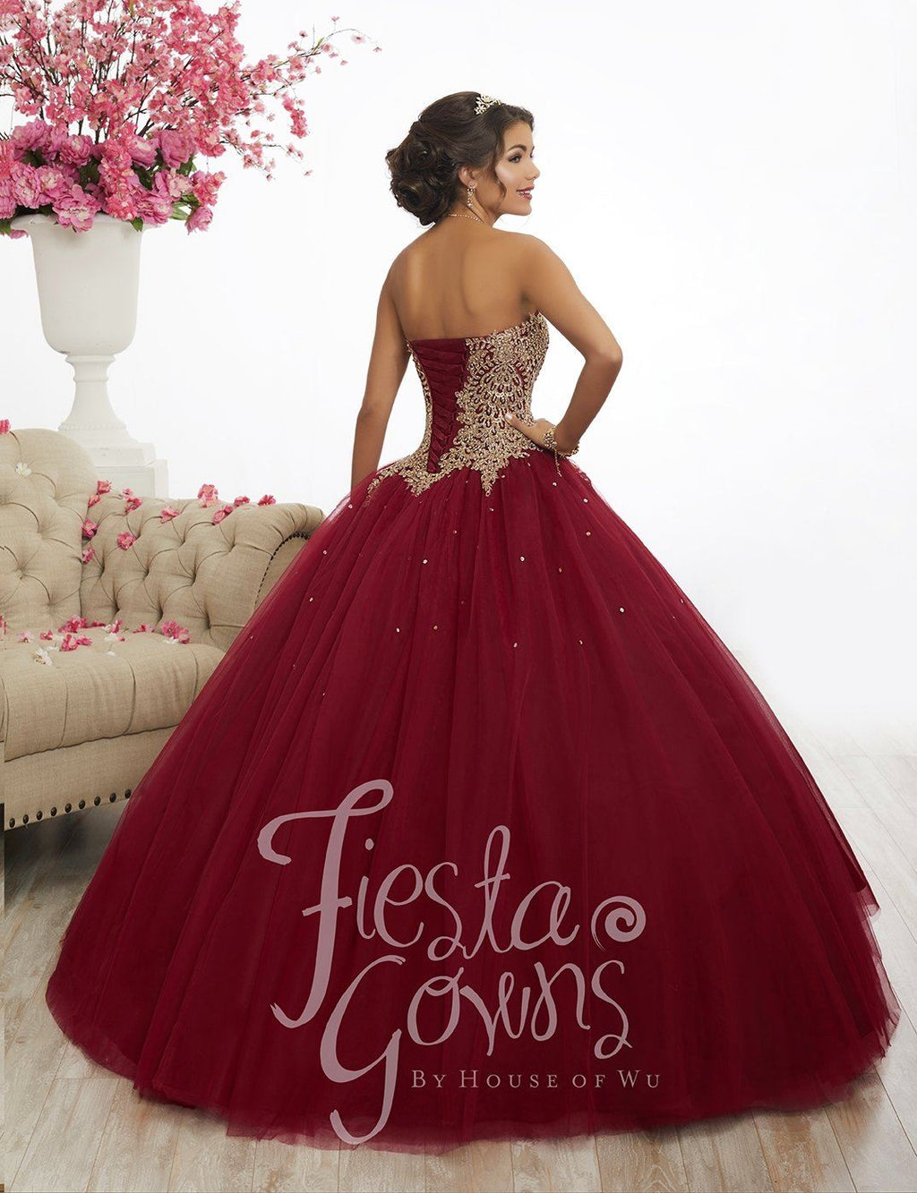 Gold Lace Applique Quinceanera Dress by Fiesta Gowns 56341