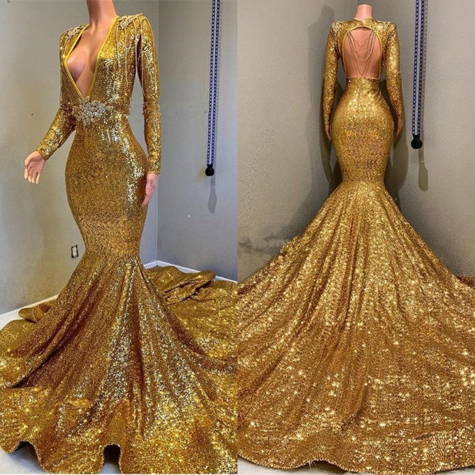 Vestido de festa comprido dourado com lantejoulas, decote em V, estilo sereia, sem alças e mangas