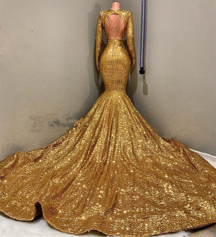 Gold Long Sleeves Sequin V-Neck Mermaid Prom Dress with Applique