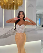 Gold  Long Sweetheart Pleated Sleeveless Mermaid Evening Dress