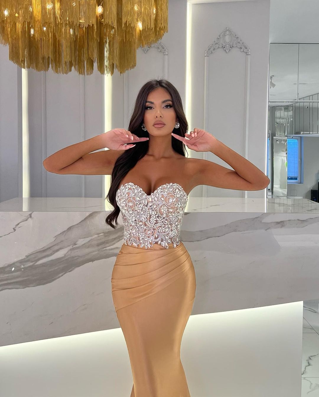 Gold  Long Sweetheart Pleated Sleeveless Mermaid Evening Dress