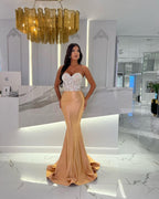 Gold  Long Sweetheart Pleated Sleeveless Mermaid Evening Dress