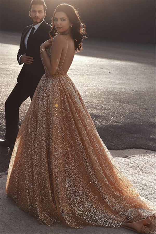 Gold Sequins Long A-line Sweetheart Formal Prom Dress