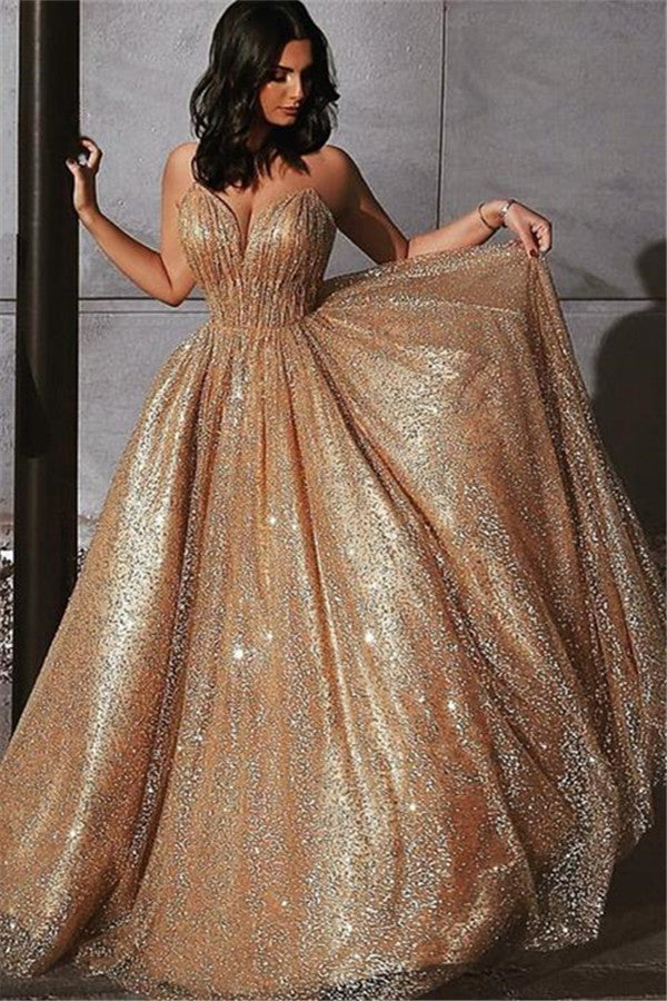Gold Sequins Long A-line Sweetheart Formal Prom Dress