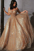 Vestido de Fiesta Formal Largo en Línea A con Escote Corazón y Lentejuelas Doradas