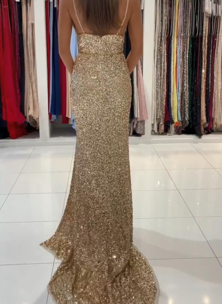 Gold Sequins Long V-neck Mermaid Open Back Formal Prom Dress with Slit