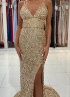 Gold Sequins Long V-neck Mermaid Open Back Formal Prom Dress with Slit
