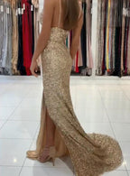 Gold Sequins Long V-neck Mermaid Open Back Formal Prom Dress with Slit