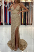 Vestido de fiesta formal largo con escote en V, cola de sirena, espalda abierta y abertura lateral con lentejuelas doradas