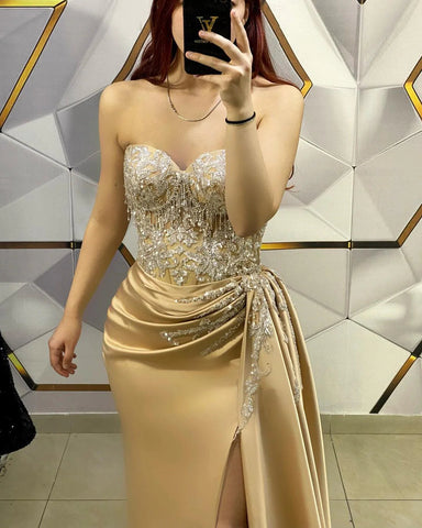 Gold Long Mermaid Sweetheart Sleeveless Evening Dresses with Appliques Lace