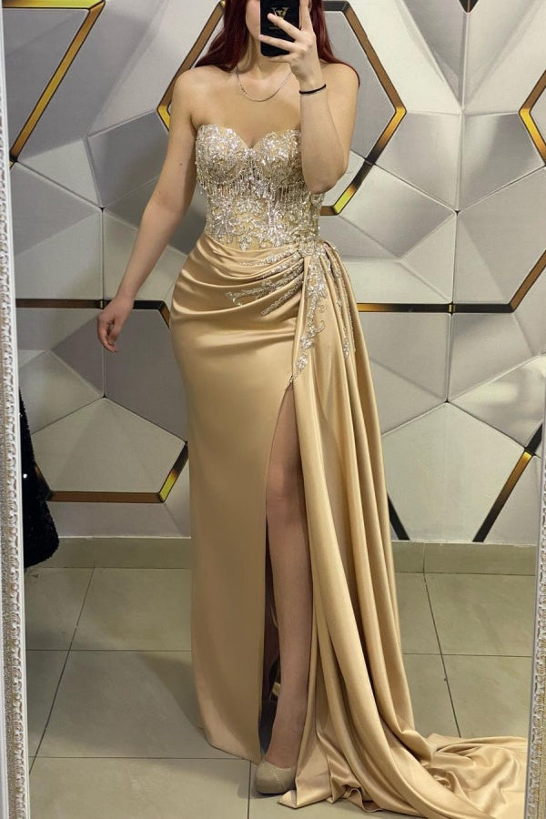 Gold Long Mermaid Sweetheart Sleeveless Evening Dresses with Appliques Lace