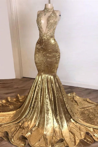 Long Velvet High Neck Sleeveless Mermaid Evening Dress with Lace Appliques