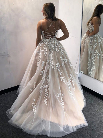 Gorgeous A-line Backless Tulle Open Back Long Prom Dresses with Lace Appliques