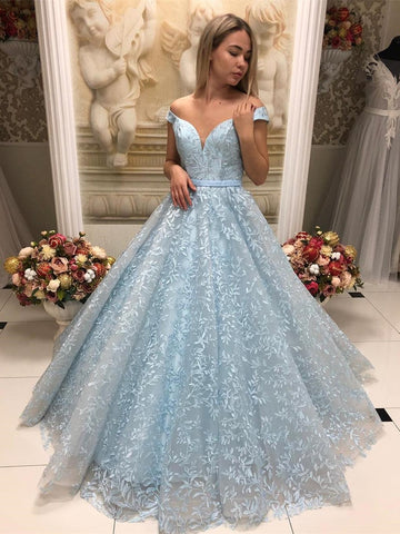 Gorgeous A-line Off the Shoulder Lace Tulle Long Prom Dresses