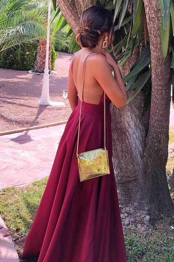 Lindo vestido de festa/formal comprido em cetim bordeaux com decote em V e corte A PM209