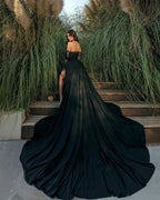Gorgeous Black Long Sleeves Floor Length Strapless Front Split Chiffon Prom Dress