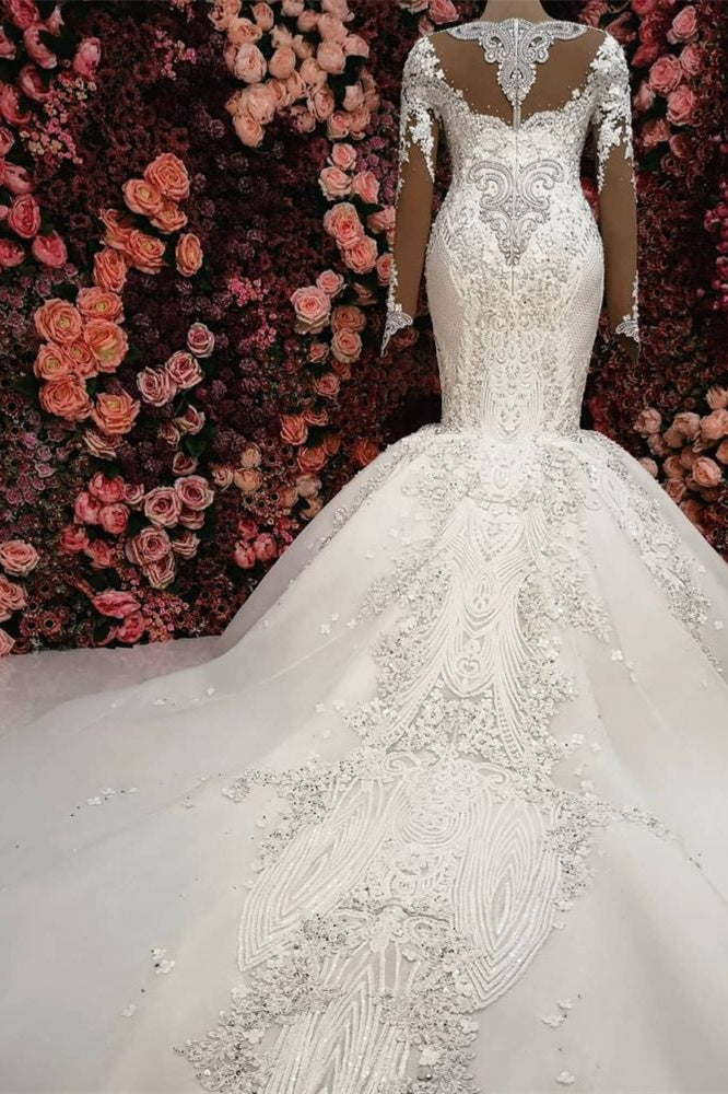 Prächtige Kristallbesetzte Brautkleider im Meerjungfrauen-Stil mit langen Ärmeln und Kapellenzug