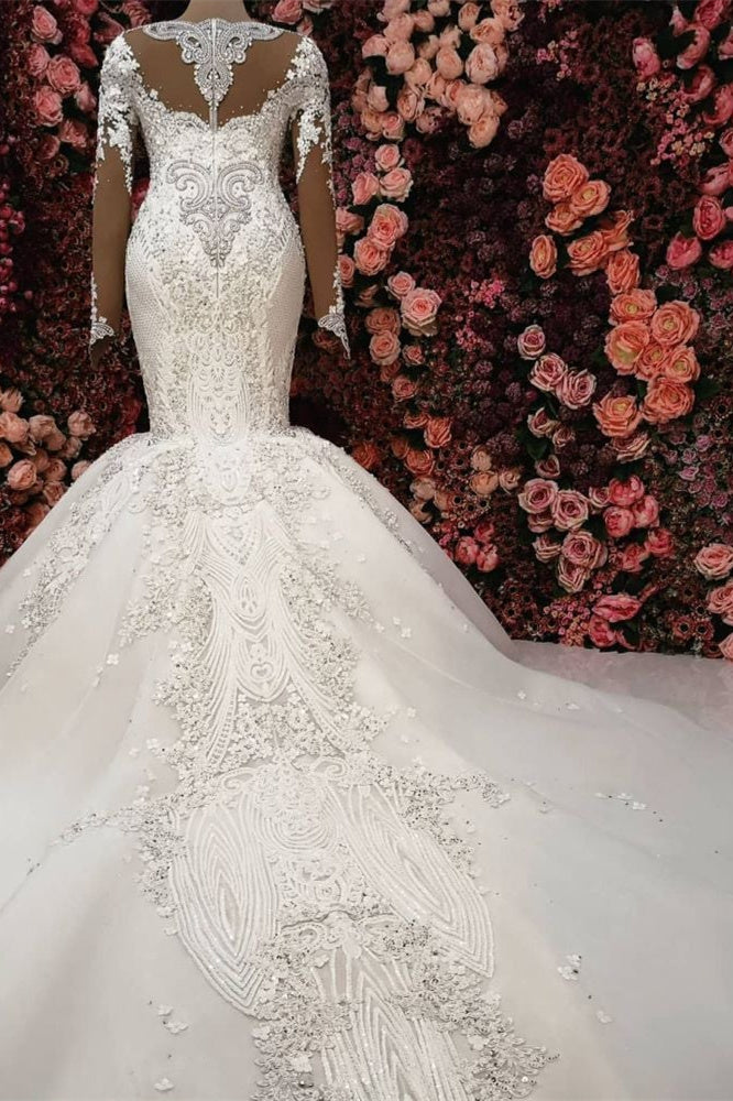 Prächtige Kristallbesetzte Brautkleider im Meerjungfrauen-Stil mit langen Ärmeln und Kapellenzug