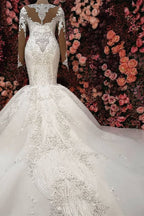 Prächtige Kristallbesetzte Brautkleider im Meerjungfrauen-Stil mit langen Ärmeln und Kapellenzug