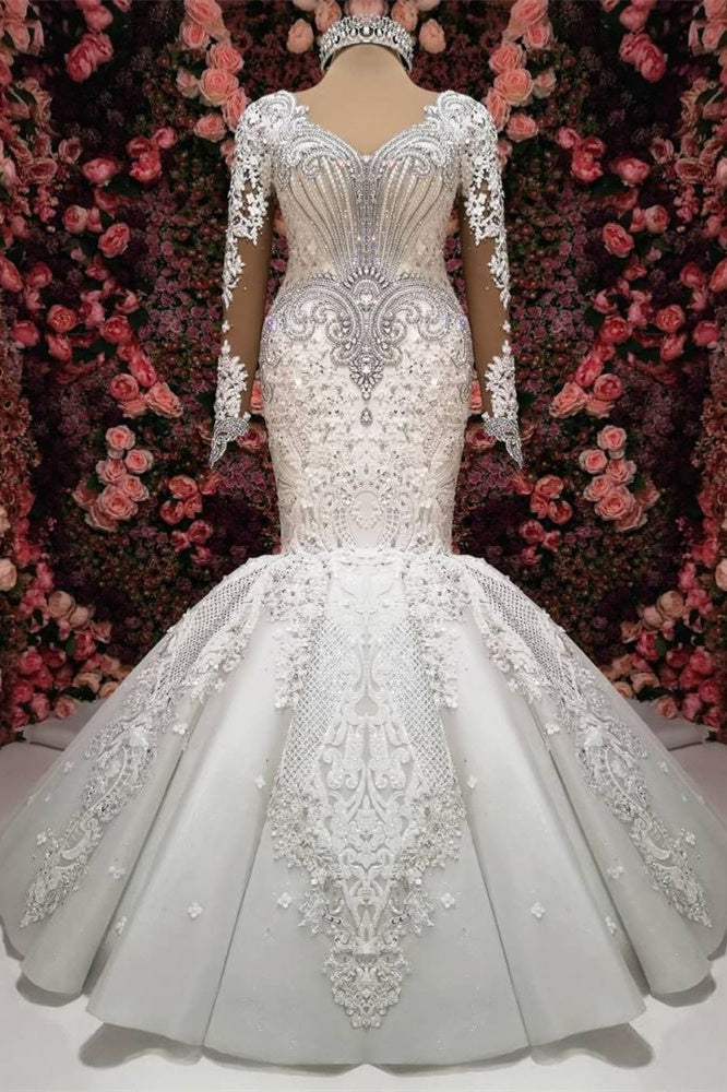 Prächtige Kristallbesetzte Brautkleider im Meerjungfrauen-Stil mit langen Ärmeln und Kapellenzug