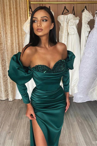 Gorgeous Dark Green Long Sleeves Sweetheart Satin Mermaid Evening Dress with Slit