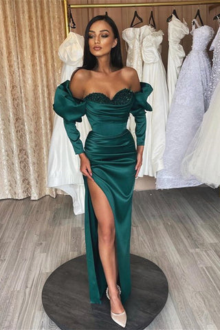 Gorgeous Dark Green Long Sleeves Sweetheart Satin Mermaid Evening Dress with Slit