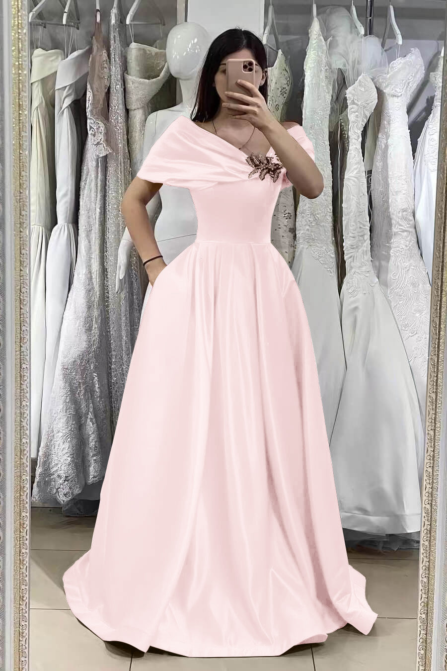 Gorgeous Dark Green Long Off-The-Shoulder A-Line Satin Evening Dress with Pockets