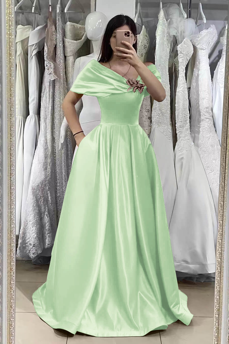 Gorgeous Dark Green Long Off-The-Shoulder A-Line Satin Evening Dress with Pockets