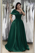 Gorgeous Dark Green Long Off-The-Shoulder A-Line Satin Evening Dress with Pockets
