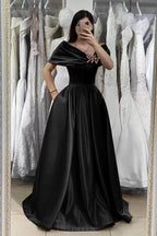 Gorgeous Dark Green Long Off-The-Shoulder A-Line Satin Evening Dress with Pockets