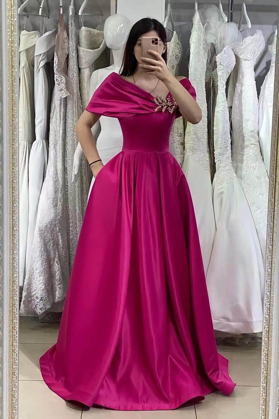 Gorgeous Dark Green Long Off-The-Shoulder A-Line Satin Evening Dress with Pockets