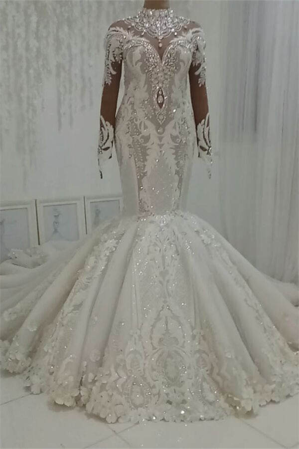 Prächtiges glamouröses Perlenbesetztes Brautkleid im Meerjungfrauen-Stil mit hohem Ausschnitt