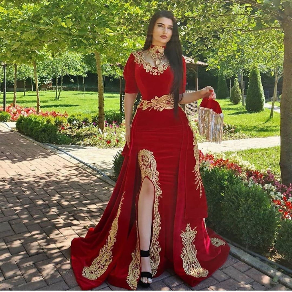 Gorgeous Halter Red Velvet Mermaid Evening Gown with Gold Appliques Half Sleeves