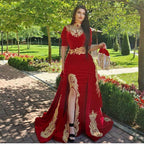 Gorgeous Halter Red Velvet Mermaid Evening Gown with Gold Appliques Half Sleeves