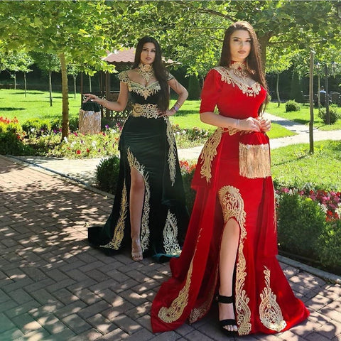 Gorgeous Halter Red Velvet Mermaid Evening Gown with Gold Appliques Half Sleeves