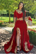 Deslumbrante Vestido de Noche Rojo Terciopelo Cola de Sirena con Aplicaciones Doradas Mangas Cortas Tipo Halter