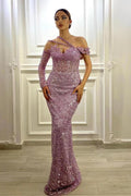 Splendido Abito da Ballo Sirena Spalla Nuda con Maniche Lunghe e Paillettes Lavanda