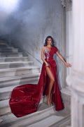 Wunderschönes langes, ärmelloses A-Linien-Ballkleid mit einer Schulter und Schlitz