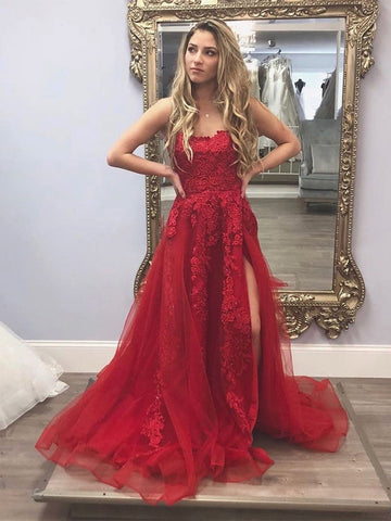 Gorgeous Long A-line Tulle Appliques Lace Prom Dresses with High Slit