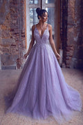 Magnifique Robe de Bal Longue en Tulle Ligne-A Décolleté en V Applications de Dentelle Dos Nu