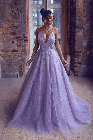Gorgeous Long A-Line Tulle V-neck Appliques Lace Backless Prom Dress
