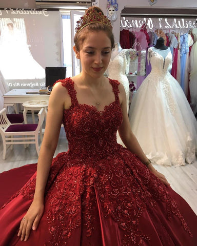 Gorgeous Long Ball Gown Sweetheart Appliques Lace Satin Prom Dress