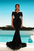 Splendido Abito da Ballo Lungo Nero a Sirena Scollato sulle Spalle con Lustrini